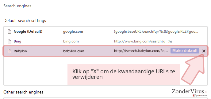 Klik op 'X' om de kwaadaardige URLs te verwijderen Klik op 'X' om de kwaadaardige URLs te verwijderen