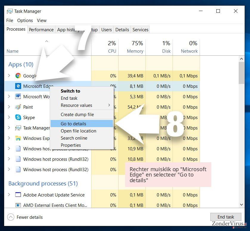 Rechter muisklik op 'Microsoft Edge' en selecteer 'Go to details' Rechter muisklik op 'Microsoft Edge' en selecteer 'Go to details'