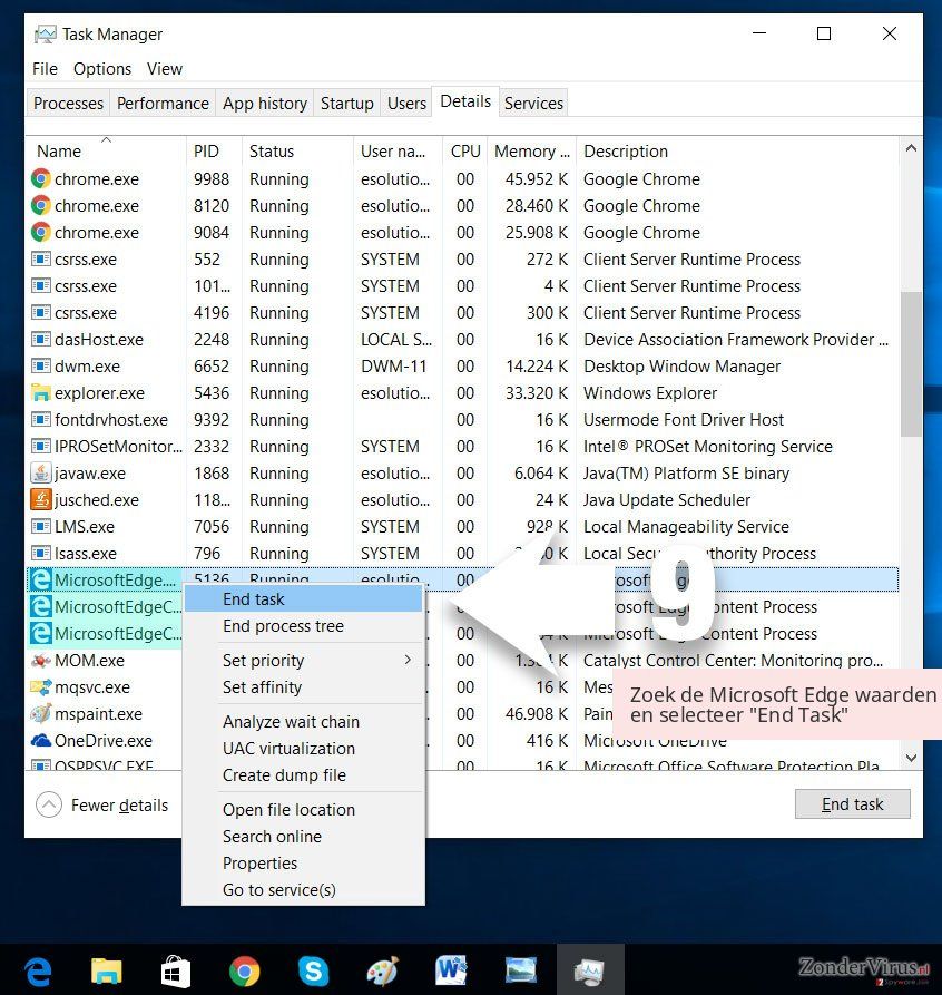 Zoek de Microsoft Edge waarden en selecteer 'End Task' Zoek de Microsoft Edge waarden en selecteer 'End Task'