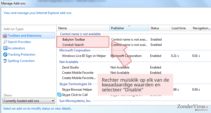 Rechter muisklik op elk van de kwaadaardige waarden en selecteer 'Disable' Rechter muisklik op elk van de kwaadaardige waarden en selecteer 'Disable'