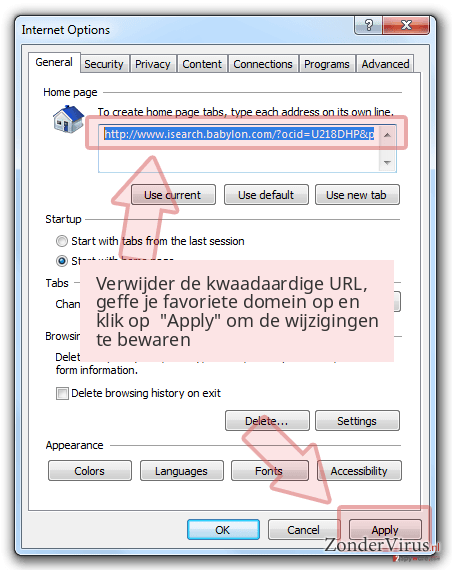 Verwijder de kwaadaardige URL, geffe je favoriete domein op en klik op 'Apply' om de wijzigingen te bewaren Verwijder de kwaadaardige URL, geffe je favoriete domein op en klik op 'Apply' om de wijzigingen te bewaren