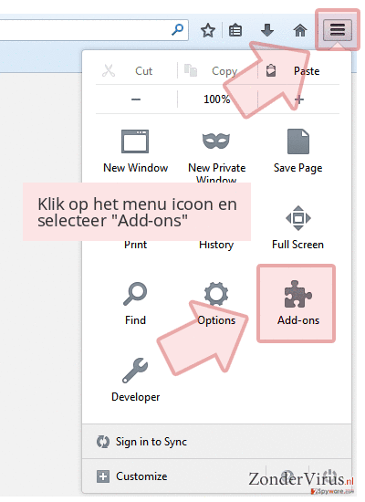 Klik op het menu icoon en selecteer 'Add-ons' Klik op het menu icoon en selecteer 'Add-ons'