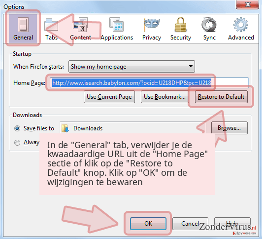 In de 'General' tab, verwijder je de kwaadaardige URL uit de 'Home Page' sectie of klik op de 'Restore to Default' knop. Klik op 'OK' om de wijzigingen te bewaren In de 'General' tab, verwijder je de kwaadaardige URL uit de 'Home Page' sectie of klik op de 'Restore to Default' knop. Klik op 'OK' om de wijzigingen te bewaren