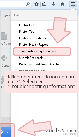 Klik op het menu icoon en dan op '?'. Selecteer 'Troubleshooting Information' Klik op het menu icoon en dan op '?'. Selecteer 'Troubleshooting Information'