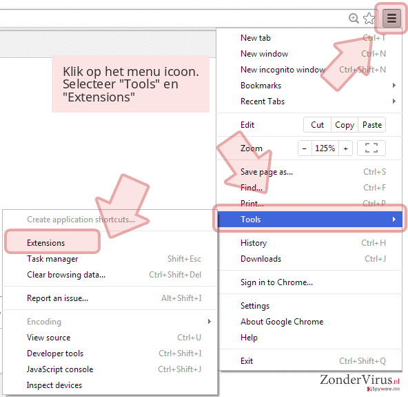 Klik op het menu icoon. Selecteer 'Tools' en 'Extensions' Klik op het menu icoon. Selecteer 'Tools' en 'Extensions'