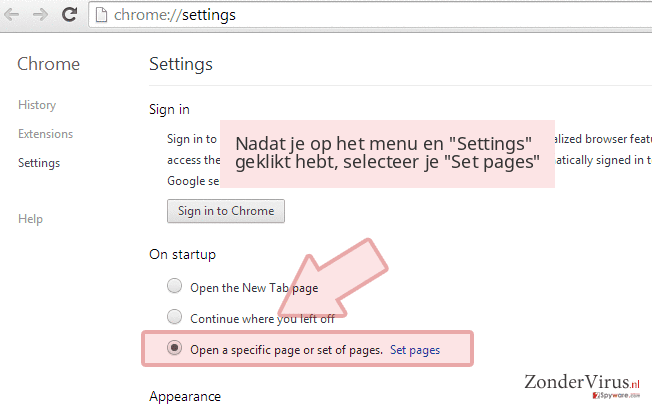 Nadat je op het menu en 'Settings' geklikt hebt, selecteer je 'Set pages' Nadat je op het menu en 'Settings' geklikt hebt, selecteer je 'Set pages'