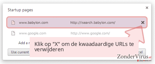 Klik op 'X' om de kwaadaardige URLs te verwijderen Klik op 'X' om de kwaadaardige URLs te verwijderen