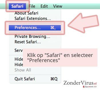 Klik op 'Safari' en selecteer 'Preferences' Klik op 'Safari' en selecteer 'Preferences'