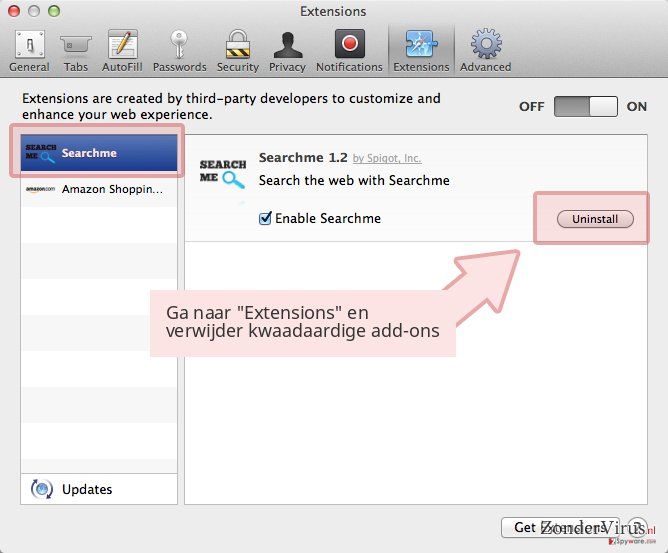 Ga naar 'Extensions' en verwijder kwaadaardige add-ons Ga naar 'Extensions' en verwijder kwaadaardige add-ons