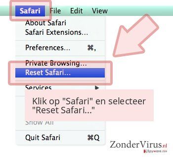 Klik op 'Safari' en selecteer 'Reset Safari...' Klik op 'Safari' en selecteer 'Reset Safari...'