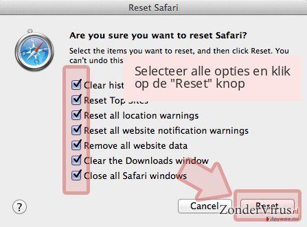 Selecteer alle opties en klik op de 'Reset' knop Selecteer alle opties en klik op de 'Reset' knop