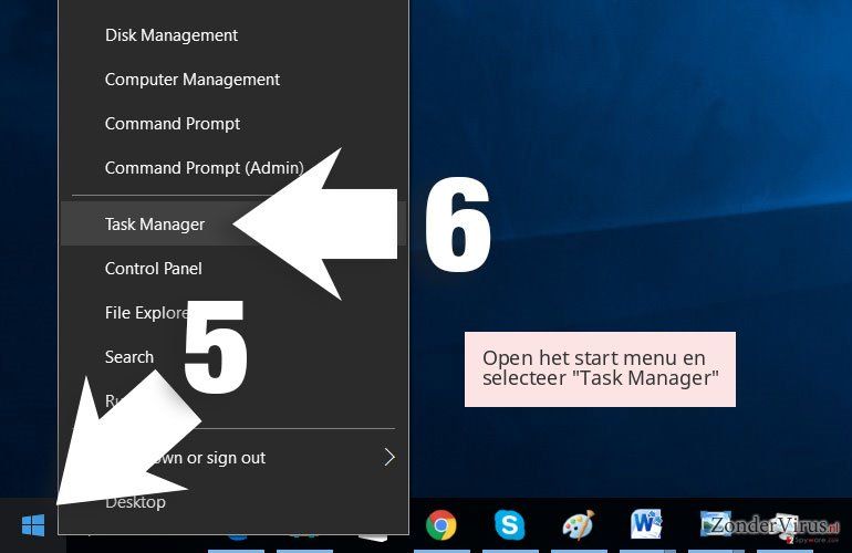 Open het start menu en selecteer 'Task Manager' Open het start menu en selecteer 'Task Manager'