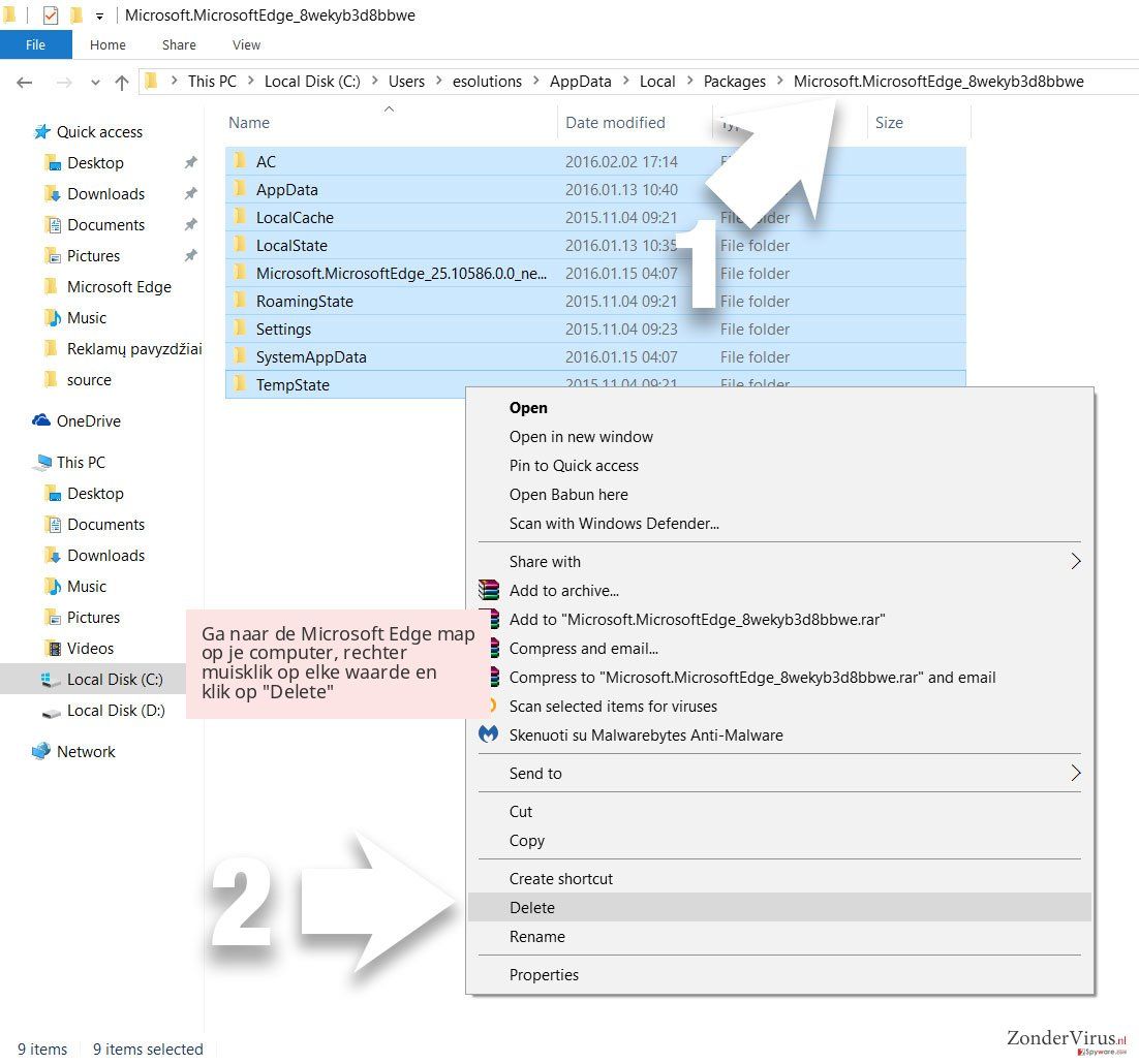 Ga naar de Microsoft Edge map op je computer, rechter muisklik op elke waarde en klik op 'Delete' Ga naar de Microsoft Edge map op je computer, rechter muisklik op elke waarde en klik op 'Delete'