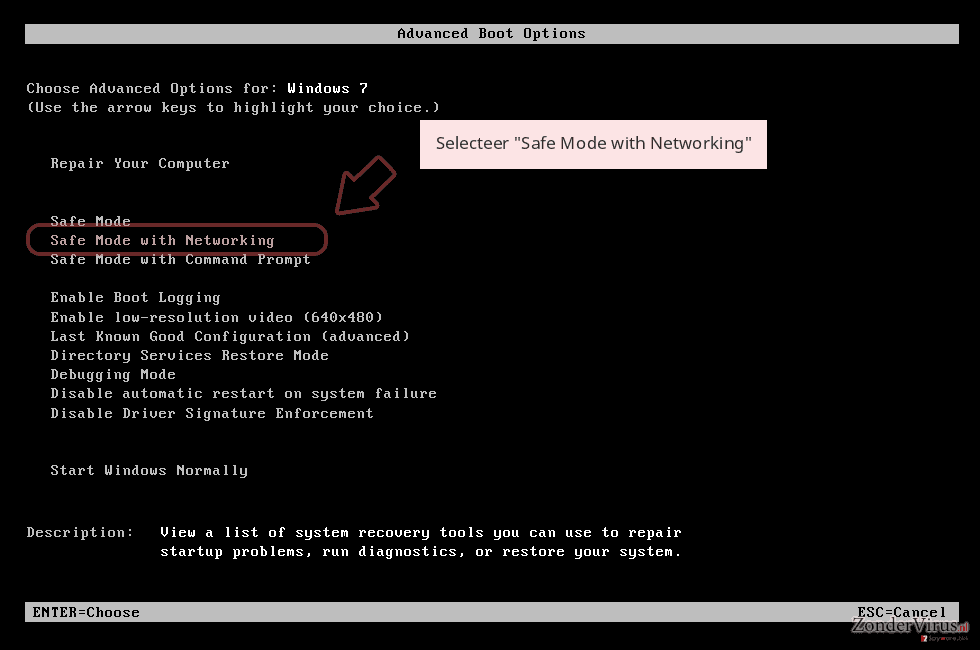Selecteer 'Safe Mode with Networking' Selecteer 'Safe Mode with Networking'