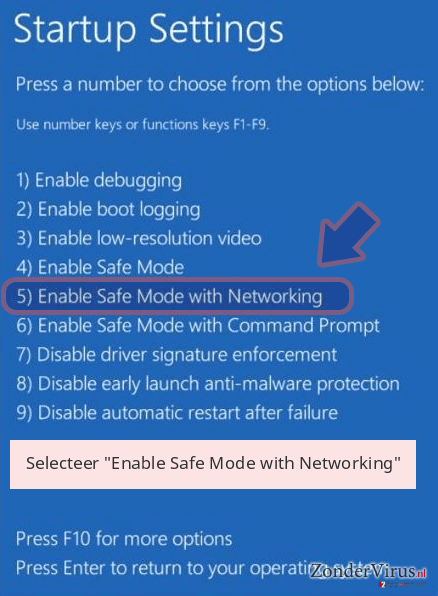 Selecteer 'Enable Safe Mode with Networking' Selecteer 'Enable Safe Mode with Networking'