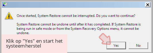 Klik op 'Yes' en start het systeemherstel Klik op 'Yes' en start het systeemherstel