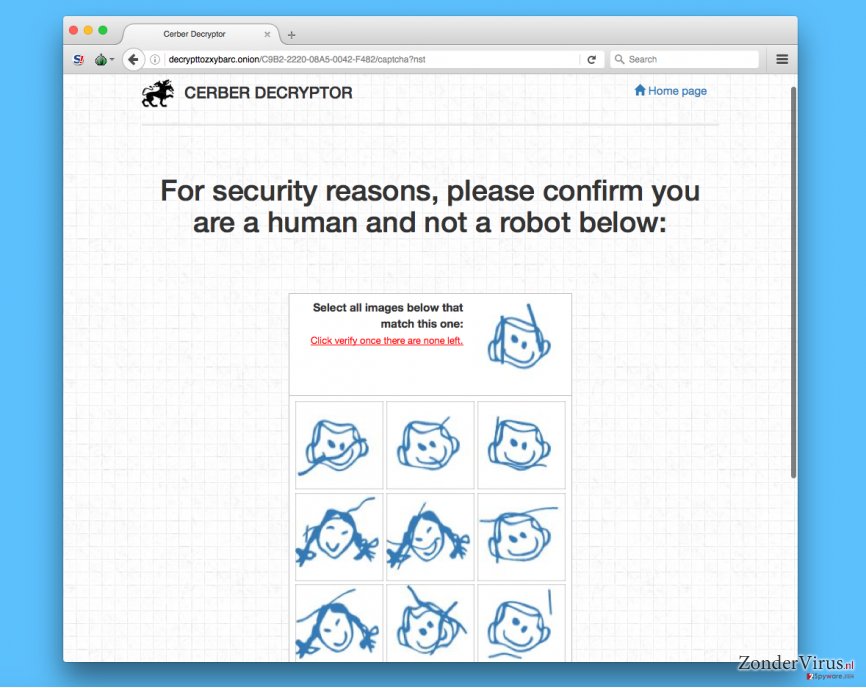 Verificatie pagina van Cerber virus