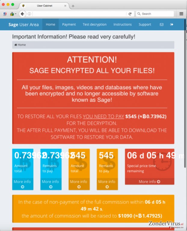 De betalingspagina van het Sage-virus