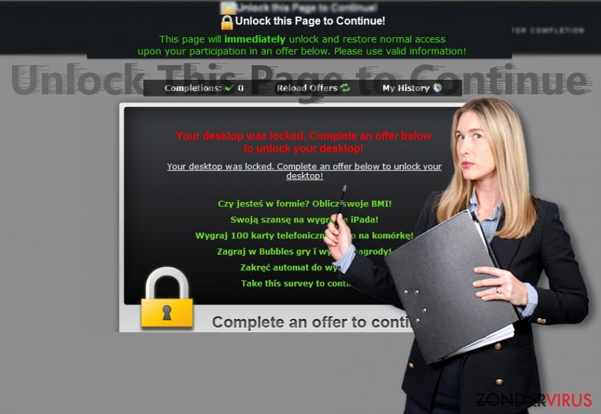 De afbeelding die "Unlock This Page to Continue" waarschuwingn onthuld