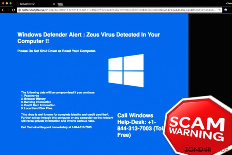 "Windows Defender Alert: Zeus Virus" Tech Ondersteuning Scam
